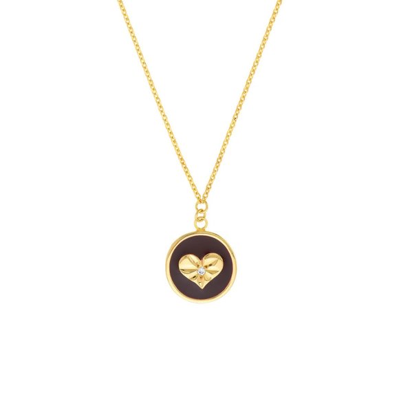 14K Solid Gold Red Enamel Heart Medallion Pendant Necklace - Picture 2 of 5